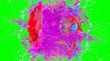 Soyut arkaplan, yeşil arkaplandaki sıçramalarla vurgulanan bir damla kırmızı ve mavi mürekkep tarafından oluşturulan bir sıçramadır. Patlayan renkli mürekkebin dondurucu hareketi. Dışavurumculuk tarzında kaotik bir sanat eseri.