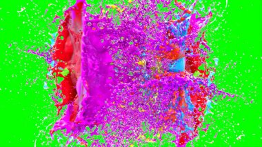 Soyut arkaplan, yeşil arkaplandaki sıçramalarla vurgulanan bir damla kırmızı ve mavi mürekkep tarafından oluşturulan bir sıçramadır. Patlayan renkli mürekkebin dondurucu hareketi. Dışavurumculuk tarzında kaotik bir sanat eseri.