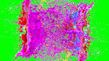 Soyut arkaplan, yeşil arkaplandaki sıçramalarla vurgulanan bir damla kırmızı ve mavi mürekkep tarafından oluşturulan bir sıçramadır. Patlayan renkli mürekkebin dondurucu hareketi. Dışavurumculuk tarzında kaotik bir sanat eseri.