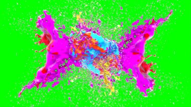 Soyut arkaplan, yeşil arkaplandaki sıçramalarla vurgulanan bir damla kırmızı ve mavi mürekkep tarafından oluşturulan bir sıçramadır. Patlayan renkli mürekkebin dondurucu hareketi. Dışavurumculuk tarzında kaotik bir sanat eseri.