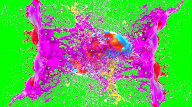 Soyut arkaplan, yeşil arkaplandaki sıçramalarla vurgulanan bir damla kırmızı ve mavi mürekkep tarafından oluşturulan bir sıçramadır. Patlayan renkli mürekkebin dondurucu hareketi. Dışavurumculuk tarzında kaotik bir sanat eseri.