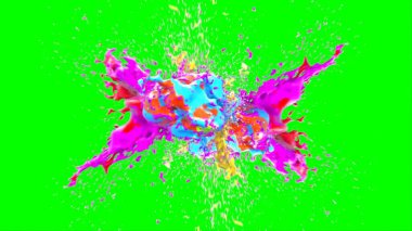 Soyut arkaplan, yeşil arkaplandaki sıçramalarla vurgulanan bir damla kırmızı ve mavi mürekkep tarafından oluşturulan bir sıçramadır. Patlayan renkli mürekkebin dondurucu hareketi. Dışavurumculuk tarzında kaotik bir sanat eseri.