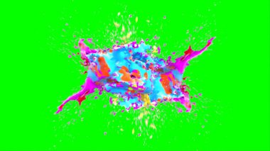 Soyut arkaplan, yeşil arkaplandaki sıçramalarla vurgulanan bir damla kırmızı ve mavi mürekkep tarafından oluşturulan bir sıçramadır. Patlayan renkli mürekkebin dondurucu hareketi. Dışavurumculuk tarzında kaotik bir sanat eseri.