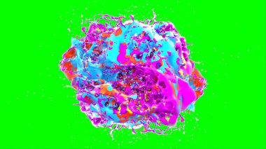 Soyut arkaplan, yeşil arkaplandaki sıçramalarla vurgulanan bir damla kırmızı ve mavi mürekkep tarafından oluşturulan bir sıçramadır. Patlayan renkli mürekkebin dondurucu hareketi. Dışavurumculuk tarzında kaotik bir sanat eseri.