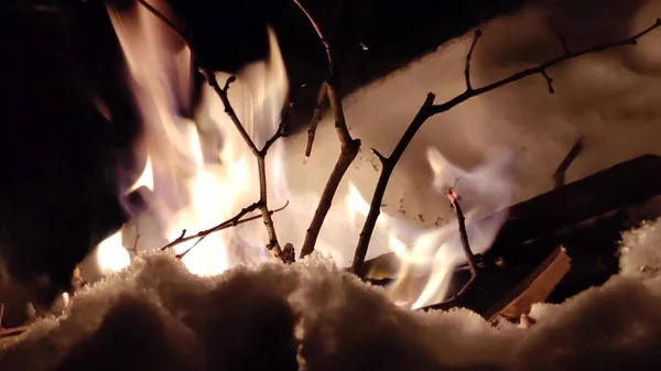燃える炎だ 森の中でたき火が燃えている 燃えさかる炎の質感 乾燥した枝を燃やす 燃える枝の質感 — ストック写真