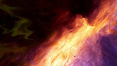 Sıvı boya sıçrama ve girdaplarla sanat eserlerini karıştırıyor. Siyah-mavi, mor ve sarı yanardöner renkleriyle ayrıntılı arkaplan hareketi