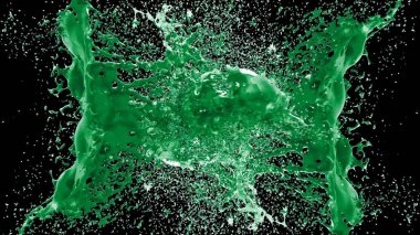 Kireç renkli bir mürekkep damlası tarafından oluşturulan soyut sıçrama arkaplanı, siyah arkaplana vurgulanır