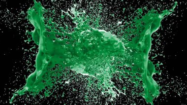 Kireç renkli bir mürekkep damlası tarafından oluşturulan soyut sıçrama arkaplanı, siyah arkaplana vurgulanır