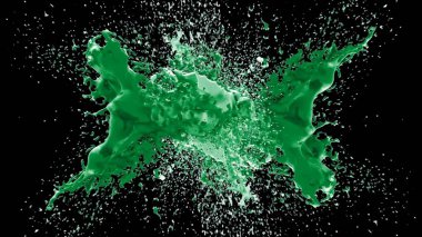 Kireç renkli bir mürekkep damlası tarafından oluşturulan soyut sıçrama arkaplanı, siyah arkaplana vurgulanır