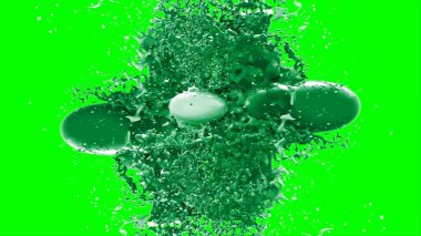 Soyut arkaplan, yeşil arkaplandaki sıçramalarla vurgulanan, limon renkli bir mürekkep damlasından oluşan bir sıçramadır.