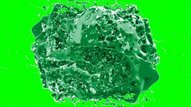 Soyut arkaplan, yeşil arkaplandaki sıçramalarla vurgulanan, limon renkli bir mürekkep damlasından oluşan bir sıçramadır.