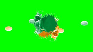 Suluboya tasarımının sanatsal çok renkli unsurları, soyut arkaplan, yeşil arkaplandaki sıçramalarla vurgulanan bir damla kireç ve turuncu mürekkeple oluşturulan bir sıçramadır.