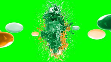 Suluboya tasarımının sanatsal çok renkli unsurları, soyut arkaplan, yeşil arkaplandaki sıçramalarla vurgulanan bir damla kireç ve turuncu mürekkeple oluşturulan bir sıçramadır.