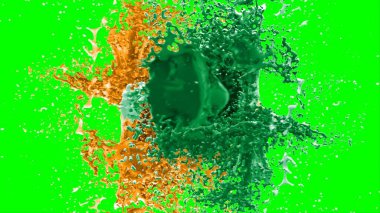 Suluboya tasarımının sanatsal çok renkli unsurları, soyut arkaplan, yeşil arkaplandaki sıçramalarla vurgulanan bir damla kireç ve turuncu mürekkeple oluşturulan bir sıçramadır.