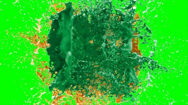 Suluboya tasarımının sanatsal çok renkli unsurları, soyut arkaplan, yeşil arkaplandaki sıçramalarla vurgulanan bir damla kireç ve turuncu mürekkeple oluşturulan bir sıçramadır.