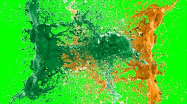 Suluboya tasarımının sanatsal çok renkli unsurları, soyut arkaplan, yeşil arkaplandaki sıçramalarla vurgulanan bir damla kireç ve turuncu mürekkeple oluşturulan bir sıçramadır.