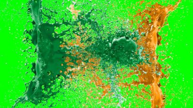 Suluboya tasarımının sanatsal çok renkli unsurları, soyut arkaplan, yeşil arkaplandaki sıçramalarla vurgulanan bir damla kireç ve turuncu mürekkeple oluşturulan bir sıçramadır.