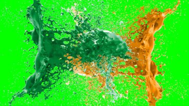 Suluboya tasarımının sanatsal çok renkli unsurları, soyut arkaplan, yeşil arkaplandaki sıçramalarla vurgulanan bir damla kireç ve turuncu mürekkeple oluşturulan bir sıçramadır.