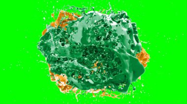 Suluboya tasarımının sanatsal çok renkli unsurları, soyut arkaplan, yeşil arkaplandaki sıçramalarla vurgulanan bir damla kireç ve turuncu mürekkeple oluşturulan bir sıçramadır.