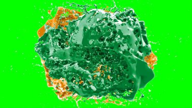 Suluboya tasarımının sanatsal çok renkli unsurları, soyut arkaplan, yeşil arkaplandaki sıçramalarla vurgulanan bir damla kireç ve turuncu mürekkeple oluşturulan bir sıçramadır.