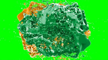 Suluboya tasarımının sanatsal çok renkli unsurları, soyut arkaplan, yeşil arkaplandaki sıçramalarla vurgulanan bir damla kireç ve turuncu mürekkeple oluşturulan bir sıçramadır.