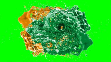 Suluboya tasarımının sanatsal çok renkli unsurları, soyut arkaplan, yeşil arkaplandaki sıçramalarla vurgulanan bir damla kireç ve turuncu mürekkeple oluşturulan bir sıçramadır.