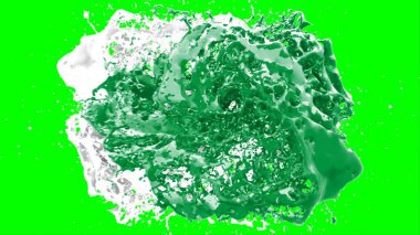 Suluboya tasarımının sanatsal çok renkli unsurları, soyut arkaplan, yeşil arka plandaki sıçramalarla vurgulanan bir damla kireç ve beyaz mürekkeple oluşturulan bir sıçramadır.