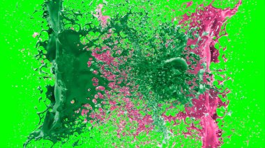 Soyut arkaplan, yeşil arkaplandaki sıçramalarla vurgulanan bir damla yeşil ve pembe mürekkep tarafından oluşturulan bir sıçramadır. Patlayan renkli mürekkebin dondurucu hareketi