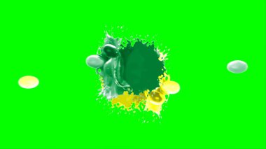 Soyut arkaplan, yeşil arkaplandaki sıçramalarla vurgulanan yeşil ve sarı mürekkep damlasının oluşturduğu bir sıçramadır. Patlayan renkli mürekkebin dondurucu hareketi.