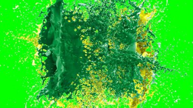 Soyut arkaplan, yeşil arkaplandaki sıçramalarla vurgulanan yeşil ve sarı mürekkep damlasının oluşturduğu bir sıçramadır. Patlayan renkli mürekkebin dondurucu hareketi.