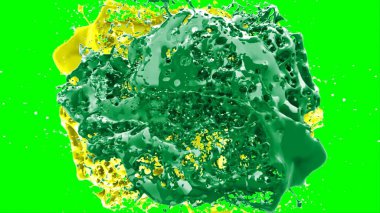 Soyut arkaplan, yeşil arkaplandaki sıçramalarla vurgulanan yeşil ve sarı mürekkep damlasının oluşturduğu bir sıçramadır. Patlayan renkli mürekkebin dondurucu hareketi.