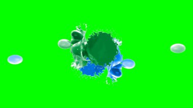 Soyut arkaplan, yeşil arkaplandaki sıçramalarla vurgulanan bir damla yeşil ve mavi mürekkep tarafından oluşturulan bir sıçramadır. Patlayan renkli mürekkebin dondurucu hareketi. Dışavurumculuk tarzında kaotik bir sanat eseri..