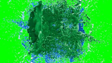 Soyut arkaplan, yeşil arkaplandaki sıçramalarla vurgulanan bir damla yeşil ve mavi mürekkep tarafından oluşturulan bir sıçramadır. Patlayan renkli mürekkebin dondurucu hareketi. Dışavurumculuk tarzında kaotik bir sanat eseri..