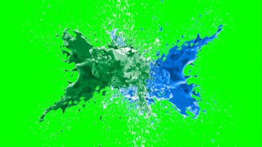 Soyut arkaplan, yeşil arkaplandaki sıçramalarla vurgulanan bir damla yeşil ve mavi mürekkep tarafından oluşturulan bir sıçramadır. Patlayan renkli mürekkebin dondurucu hareketi. Dışavurumculuk tarzında kaotik bir sanat eseri..