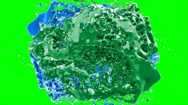 Soyut arkaplan, yeşil arkaplandaki sıçramalarla vurgulanan bir damla yeşil ve mavi mürekkep tarafından oluşturulan bir sıçramadır. Patlayan renkli mürekkebin dondurucu hareketi. Dışavurumculuk tarzında kaotik bir sanat eseri..