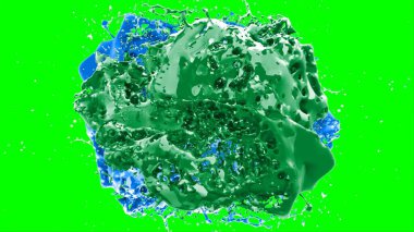 Soyut arkaplan, yeşil arkaplandaki sıçramalarla vurgulanan bir damla yeşil ve mavi mürekkep tarafından oluşturulan bir sıçramadır. Patlayan renkli mürekkebin dondurucu hareketi. Dışavurumculuk tarzında kaotik bir sanat eseri..