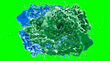 Soyut arkaplan, yeşil arkaplandaki sıçramalarla vurgulanan bir damla yeşil ve mavi mürekkep tarafından oluşturulan bir sıçramadır. Patlayan renkli mürekkebin dondurucu hareketi. Dışavurumculuk tarzında kaotik bir sanat eseri..