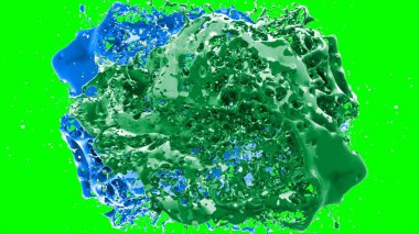 Soyut arkaplan, yeşil arkaplandaki sıçramalarla vurgulanan bir damla yeşil ve mavi mürekkep tarafından oluşturulan bir sıçramadır. Patlayan renkli mürekkebin dondurucu hareketi. Dışavurumculuk tarzında kaotik bir sanat eseri..