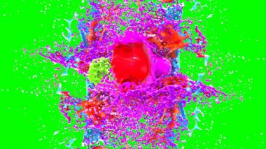 Soyut arkaplan, yeşil arkaplandaki sıçramalarla vurgulanan bir damla kırmızı ve mavi mürekkep tarafından oluşturulan bir sıçramadır. Patlayan renkli mürekkebin dondurucu hareketi. Dışavurumculuk tarzında kaotik bir sanat eseri.