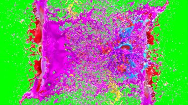 Soyut arkaplan, yeşil arkaplandaki sıçramalarla vurgulanan bir damla kırmızı ve mavi mürekkep tarafından oluşturulan bir sıçramadır. Patlayan renkli mürekkebin dondurucu hareketi. Dışavurumculuk tarzında kaotik bir sanat eseri.