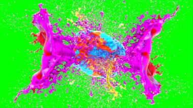 Soyut arkaplan, yeşil arkaplandaki sıçramalarla vurgulanan bir damla kırmızı ve mavi mürekkep tarafından oluşturulan bir sıçramadır. Patlayan renkli mürekkebin dondurucu hareketi. Dışavurumculuk tarzında kaotik bir sanat eseri.