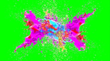 Soyut arkaplan, yeşil arkaplandaki sıçramalarla vurgulanan bir damla kırmızı ve mavi mürekkep tarafından oluşturulan bir sıçramadır. Patlayan renkli mürekkebin dondurucu hareketi. Dışavurumculuk tarzında kaotik bir sanat eseri.