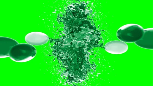 Soyut arkaplan, yeşil arkaplandaki sıçramalarla vurgulanan, limon renkli bir mürekkep damlasından oluşan bir sıçramadır.