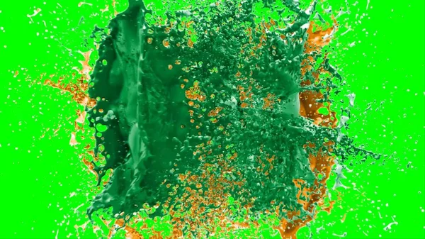 Suluboya tasarımının sanatsal çok renkli unsurları, soyut arkaplan, yeşil arkaplandaki sıçramalarla vurgulanan bir damla kireç ve turuncu mürekkeple oluşturulan bir sıçramadır.