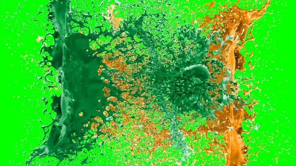 Suluboya tasarımının sanatsal çok renkli unsurları, soyut arkaplan, yeşil arkaplandaki sıçramalarla vurgulanan bir damla kireç ve turuncu mürekkeple oluşturulan bir sıçramadır.
