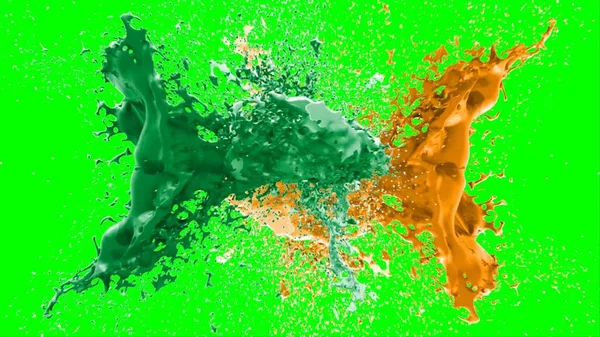 Suluboya tasarımının sanatsal çok renkli unsurları, soyut arkaplan, yeşil arkaplandaki sıçramalarla vurgulanan bir damla kireç ve turuncu mürekkeple oluşturulan bir sıçramadır.