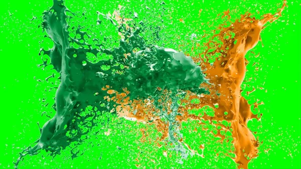 Suluboya tasarımının sanatsal çok renkli unsurları, soyut arkaplan, yeşil arkaplandaki sıçramalarla vurgulanan bir damla kireç ve turuncu mürekkeple oluşturulan bir sıçramadır.