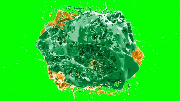 Suluboya tasarımının sanatsal çok renkli unsurları, soyut arkaplan, yeşil arkaplandaki sıçramalarla vurgulanan bir damla kireç ve turuncu mürekkeple oluşturulan bir sıçramadır.