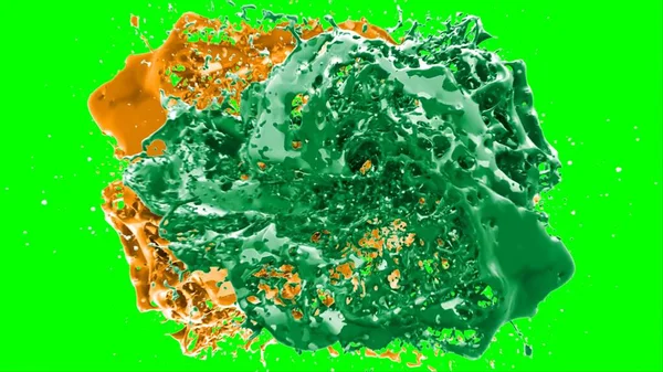 Suluboya tasarımının sanatsal çok renkli unsurları, soyut arkaplan, yeşil arkaplandaki sıçramalarla vurgulanan bir damla kireç ve turuncu mürekkeple oluşturulan bir sıçramadır.