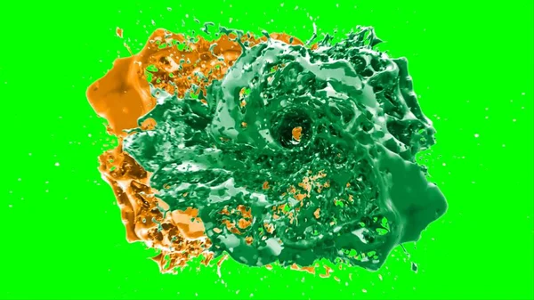 Suluboya tasarımının sanatsal çok renkli unsurları, soyut arkaplan, yeşil arkaplandaki sıçramalarla vurgulanan bir damla kireç ve turuncu mürekkeple oluşturulan bir sıçramadır.